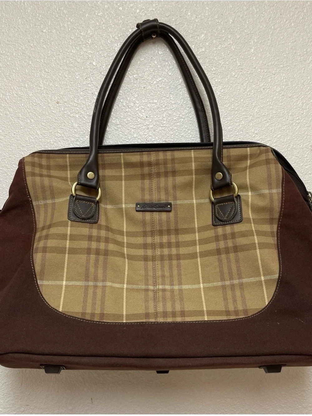 Eddie Bauer Brown Plaid Canvas Duffel Bag with Dark Trim